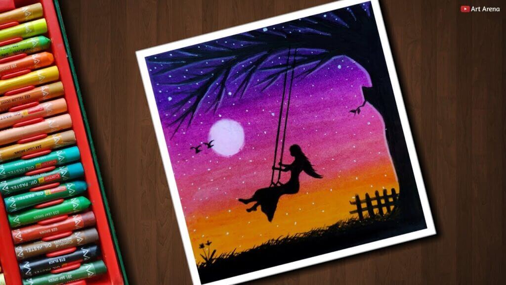 Drawing for Beginners with Oil Pastels - Girl on Swing in Moonlight ...